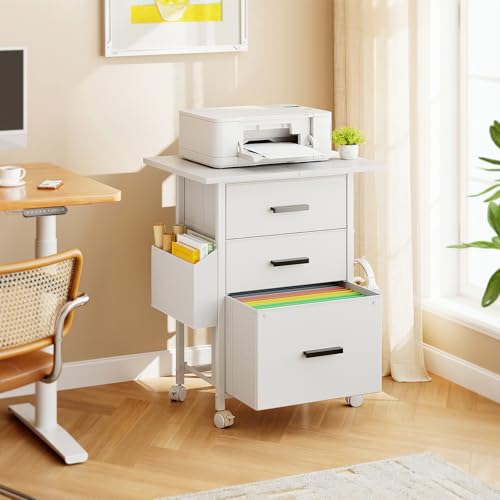 Mexin 3 Drawer File Cabinet with 22'' Extended Desktop, Mobile Filing Cabinet, Printer Stand, Rolling Printer Stand with Side Bag, Fabric Drawer, Fits A4 Size, Home Office, White - color: White