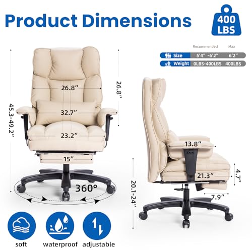Big and Tall Office Chair with Foot Rest,Heavy Duty Office Chair(Beige) | PU Leather High Back Wide Desk Chair, Comfortable Executive Office Chair,135° Reclining, Adjustable Padded Armrests - color: Beige