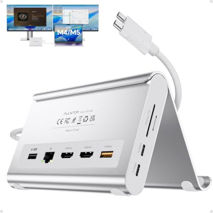 11-in-2 USB C Docking Station Dual Monitor 4K@60Hz for for M5/M4/M3 Pro/Max | PULWTOP MacBook Docking Station with 2 HDMI, Vertical Stand Dock, PD, Ethernet, SD/TF, 10Gbps USB A/C, USB 2.0, Audio- Silver - color: Silver