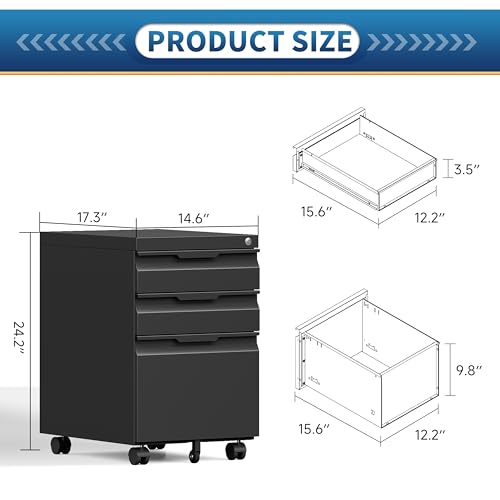 3 Drawer File Cabinet with Lock and Wheels,Rolling File Cabinets with Lock,Vertical Metal Filing Cabinet for Legal/Letter/A4 File-Black/Assembly Required - color: Black, size: 3 Drawer-Mobile