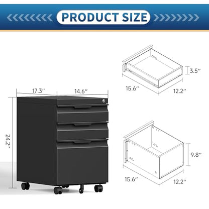 3 Drawer File Cabinet with Lock and Wheels,Rolling File Cabinets with Lock,Vertical Metal Filing Cabinet for Legal/Letter/A4 File-Black/Assembly Required - color: Black, size: 3 Drawer-Mobile