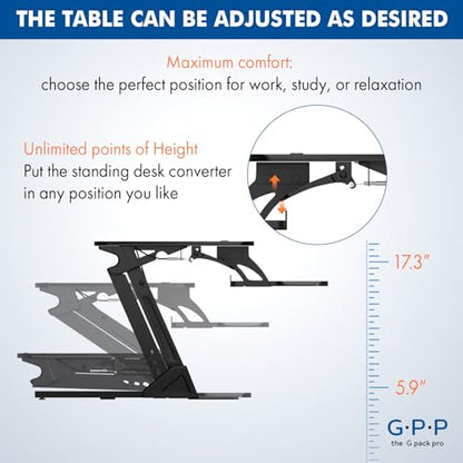 Standing Desk Converter: Adjustable up to 19.3" for Dual Monitors. Ergonomic Black Riser Promotes Healthy Workstation