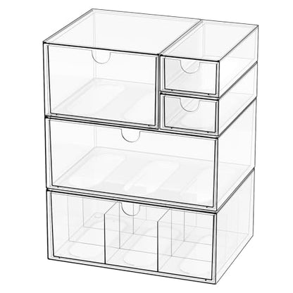 Clear 5-Drawer Stackable Desk Organizer Storage Set | Unique nine-grid drawer, Acrylic, Separate drawers, Dustproof, Easy to clean, for Office supplies, Pens, Jewelry, Makeup - size: 5 drawer clear