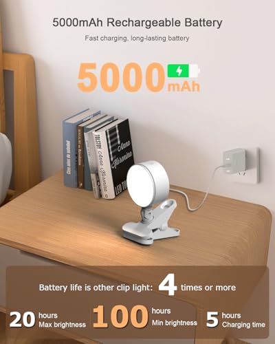 Clip on Light 5000mAh Rechargeable Battery, Clamp Reading Light for Bed - color: White