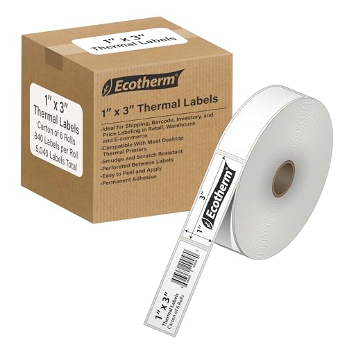 1" x 3" Thermal Labels | 6 Rolls | 5040 Labels | fits Zebra, Godex, Arkscan, iDPRT, Offnova Thermal Label Printers and More | Blank White Adhesive Stickers by Ecotherm - size: 1 x 3 White - 5040 Labels