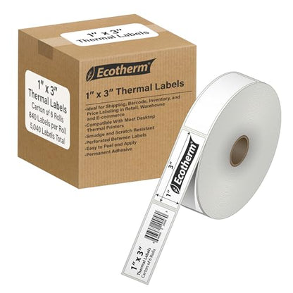 1" x 3" Thermal Labels | 6 Rolls | 5040 Labels | fits Zebra, Godex, Arkscan, iDPRT, Offnova Thermal Label Printers and More | Blank White Adhesive Stickers by Ecotherm - size: 1 x 3 White - 5040 Labels