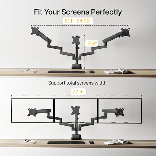 monTEK Triple Monitor Mount for 13"-27" Screens, Max 19.8 lbs Each Arm | Heavy Duty Aluminum Full Motion 3 Monitor Desk Stand, Height Adjustable Swivel Tilt Bracket, Clamp & Grommet Mounting