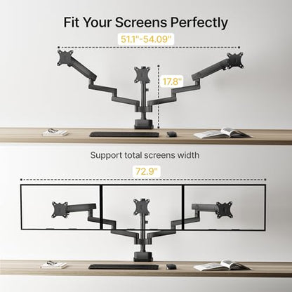 monTEK Triple Monitor Mount for 13"-27" Screens, Max 19.8 lbs Each Arm | Heavy Duty Aluminum Full Motion 3 Monitor Desk Stand, Height Adjustable Swivel Tilt Bracket, Clamp & Grommet Mounting