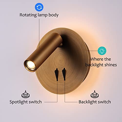 Wall Mount Reading Light for Bed, Backlight Night Wall Lamp, Hardwired Sconce with Switch, Adjustable Wall Sconce Surface Mount Book Reading Lamp,LED Wall Lighting for Bedroom Bedside Lamps (Bronze) - color: Bronze