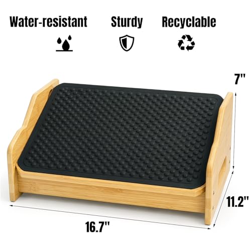 Hiceeden Bamboo Foot Rest Under Desk, Ergonomic Footrest with 4 Adjustable Heights, Non-Slip Foot Stool with Massage Surface for Office & Home Work, Improves Posture & Leg Circulation
