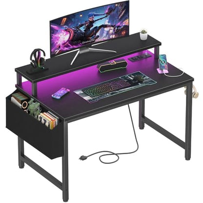 Lufeiya Small Desk with Power Outlets and LED Lights, 32 Inch Teen Writing Study Table Home Office Computer Desks with Monitor Stand, Gaming Desk with Charging Station, Black - color: Black, size: 31.5"