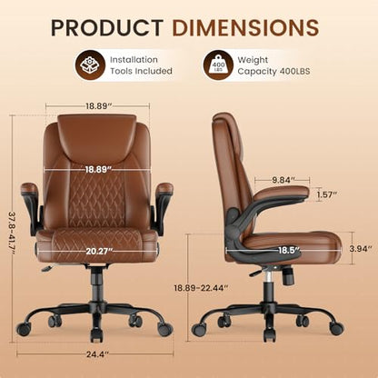 GTPLAYER PU Leather Office Chair, Home Desk Chair with Flip-up Arms, Brown | Ergonomic Back, Comfy Executive Chair for Home Office Gaming, Flexible Rocking, Heavy Duty Chairs - color: Brown