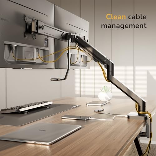 Mount-It! Dual Monitor Mount with Crossbar, Gas Spring Desk Mount for 2 Monitors 17–32", Holds 19.8 lbs Each, Full Motion Tilt Swivel Rotate, VESA 75x75 100x100, USB 3.0 & USB-C, Clamp or Grommet