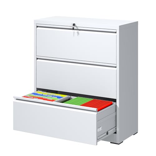 3 Drawer File Cabinet with Lock, Metal Lateral Filing Cabinets - color: White, size: 3 Drawer_ 26"W