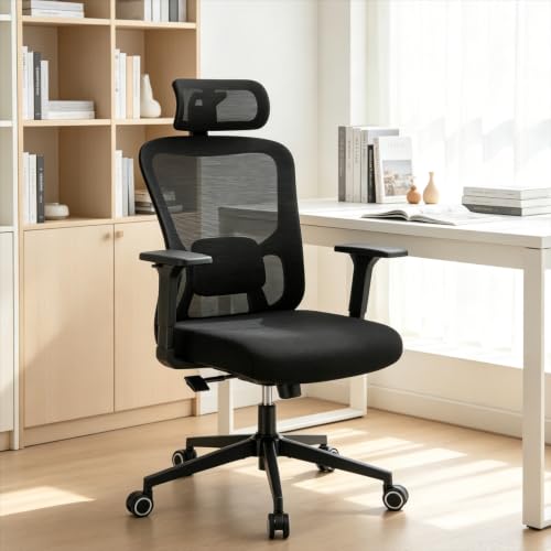Monhey Black Office Chair, Ergonomic Office Chair, Home Office Desk Chair for Big and Tall People, Computer Chair with Adjustable Headrest, Lumbar Support, Flip-Up Arms, PU Wheels (03black) - color: 010black
