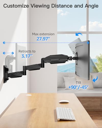 Long Arm Monitor Wall Mount for Max 32 inch Computer Screen, Extra Long Adjustable Single Wall Mount Monitor Arm, Full Motion Vesa Wall Bracket 100x100, Hold up to 17.6lbs, Black - size: Single Wall Mount