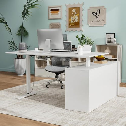 63" L Shaped Electric Standing Desk with File Cabinet, Height Adjustable Stand up Desk with Drawers and Shelves, Home Office Computer Gaming Table, White - color: White