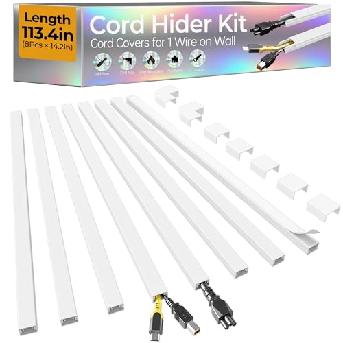 113.4in Cord Hider Kit, Cord Covers for 1 Wire on Wall, Self-Adhesive Cable Hider Wire Covers for Cords on Wall, Paintable Cord Hider for Walls Mount Tv, Cable Cover Raceway, W0.59 H0.4in, White - color: White, size: 113.4in L x 0.59in W x 0.4in H