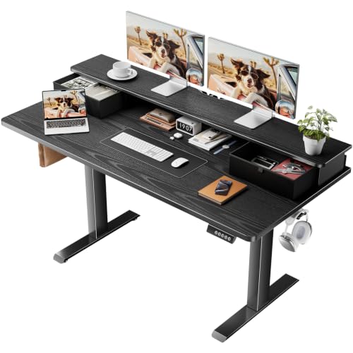 Veken 55x26 in Electric Standing Desk with Drawers, Adjustable Table, Black | Stand up Computer Desk for Home Office, Work & Study, with Storage, 3 Memory Presets, Cable Organizer, Hook, and Quiet Lift. - color: Black, size: 55×26 Inch