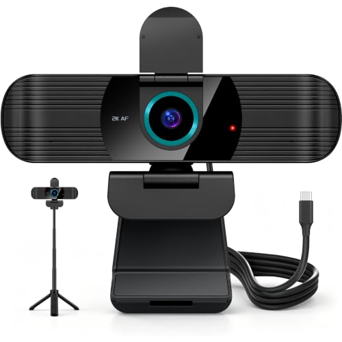 Pro QHD 2K/60fps Webcam with Tripod, External USB-C Camera for PC/Laptop | Dual noise-cancelling mics | Auto-focus | Wide-angle | Low-light correction | 360° rotation | CMOS sensor | Plug and Play - style: 2K | 60fps | USB-C Cable | Tripod Included