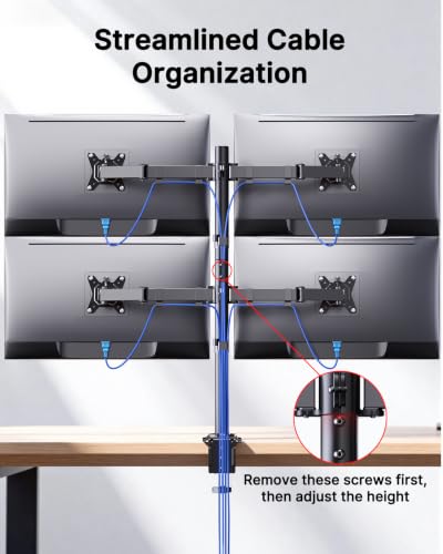 HUANUO Quad Monitor Mount for 13-32 Inch Screens, 4 Monitor Stand with Larger Base, Holds 22 lbs per Arm, Fully Adjustable Stacked Mount, Tilt Swivel Rotation, VESA 75x75/100x100mm, Cable Management