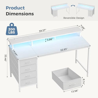 DUMOS 40-Inch Gaming Desk with Power Outlets and LED Lights, White