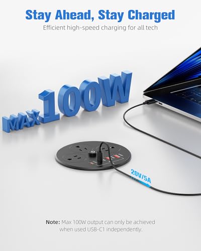 100W USB C Desktop Power Grommet, Double-Side 4 USB 5 Outlets (15Amp) | 4inch Hole Flush-Mount Recessed Power strip for Workspace Essential Desk Outlet Countertop Black - color: Black