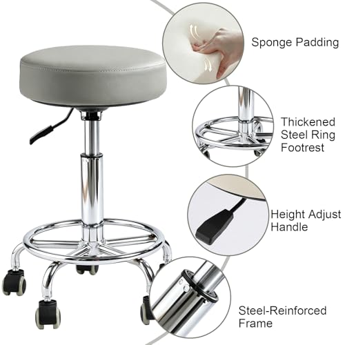 500lb heavy-duty Rolling Stool with Wheels,9.5cm thick Comfort cushion - color: Grey