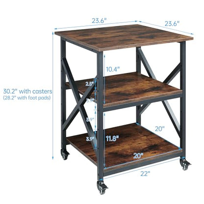 Fannova 23.6"x23.6" Large Printer Stand, 3 Tier Square Table for 3D Printer | Height Adjustable Storage Shelf, Heavy Duty Industrial Wheels - All 4 Lock, Home Office Rolling Printer Cart, Rustic Brown - color: Rustic Brown