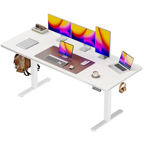 Huuger 63 x 28 Large Electric Standing Desk, Height Adjustable Computer Desk, 27.6" Deep Desktop, Stand up Gaming Office Table with 2 Hooks, 3 Preset Heights, for Home Office, White - color: White, size: 63*28 inch (no outlets)