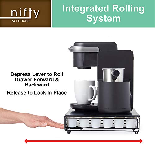 Nifty Rolling Coffee Pod Drawer – Tempered Glass, Black, Compatible with K-Cups, 36 Pod Pack Holder, Compact Under Coffee Pot Storage Drawer, Slim Home Kitchen Counter Organizer