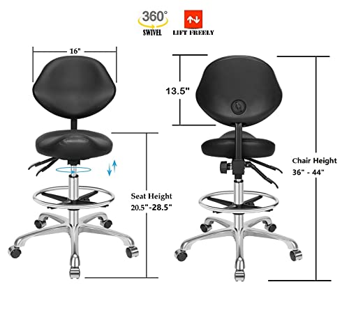 Kaleurrier Rolling Saddle Chair with Back Support: Heavy Duty Stools - color: Black, size: With Back & Footrest