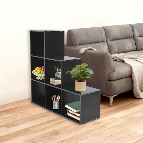 3-Tier Stepped Bookshelf, 6 Cube Storage Organizer, Freestanding Ladder Bookcase, L-Shaped Corner Shelf, Room Divider Shelf, 35.4" Tall Modern Display Shelf for Home Office Living Room - size: 6-Cube/L-Shaped