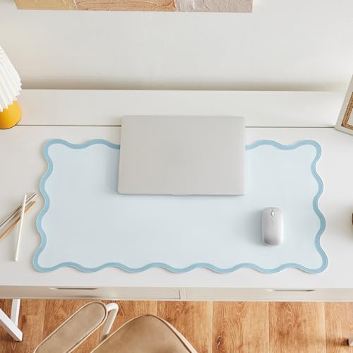 Scalloped Desk Mat, 31.5" x 15.7", PU Leather, Waterproof Anti-Slip, Cute Aesthetic Desk Pad for Office/Home/Game/Vanity (Blue, 31.5" x 15.7") - color: Blue