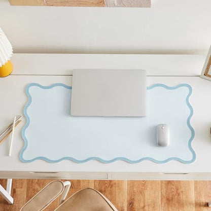 Scalloped Desk Mat, 31.5" x 15.7", PU Leather, Waterproof Anti-Slip, Cute Aesthetic Desk Pad for Office/Home/Game/Vanity (Blue, 31.5" x 15.7") - color: Blue