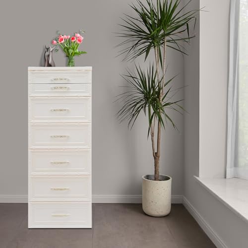 6-Drawer Narrow Storage Cabinet, Slim Rolling Cart, Mobile Plastic Cart Container with Pull Handles, Built-in Wheels, for Living Room, Kitchen, Bathroom, Office, 15 * 12.6 * 39.4in, Beige