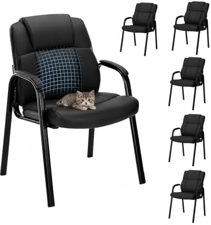 Office Guest Chairs, PU Leather Padded Arms, Set of 6 | Waiting rooms, reception areas, conference rooms, clinics, metal frame, no wheels, high-density cushion, ergonomic backrest - color: Black, size: set of 6