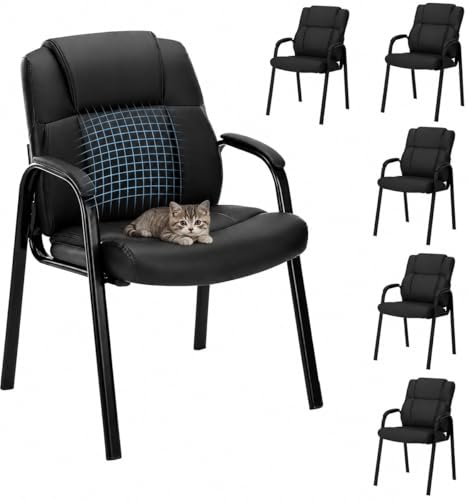 Office Guest Chairs, PU Leather Padded Arms, Set of 6 | Waiting rooms, reception areas, conference rooms, clinics, metal frame, no wheels, high-density cushion, ergonomic backrest - color: Black, size: set of 6