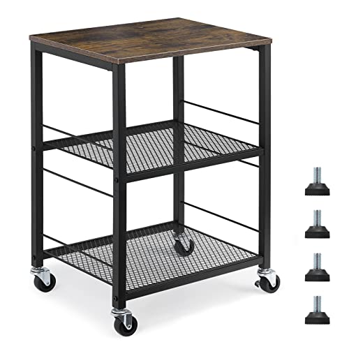 MOOACE Rustic 3 Tier End Table with Wheel, Side Table Storage Shelf | Nightstand, Stable Metal Frame, Wood Top, for Bedroom Kitchen Living Room and Office, Brown & Black - color: Brown