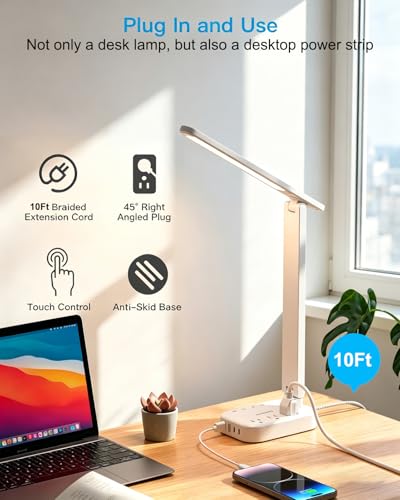 LED Desk Lamp, 10Ft Power Strip with 3 Outlets 4 USB Ports(2 USB C), White - color: White, size: 10 Ft