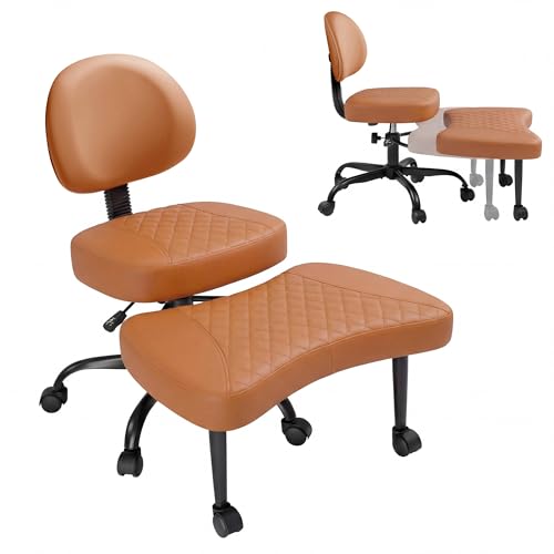 GUNJI Ergonomic Criss Cross Legged Office Chair, 360° Swivel Meditation Kneeling Chair with Wheels, ADHD Chair with Footrest, Lumbar Support, Wider Height Adjustable Seat (Brown, Faux Leather) - color: Brown
