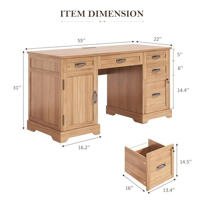 Alohappy 55'' Farmhouse Executive Desk, Home Office Desk with Drawers, Wood Computert Desk with File Cabinet and Power Outlets, Walnut - color: Walnut, size: 55''