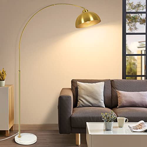 GoBright Gold 73" Arc Floor Lamp, Adjustable Farmhouse Tall Stand Up Light | Hanging Dome Shade, Marble Base, Over the Couch, Industrial Task/Reading Standing Corner Lamp for Living Room Bedroom - color: White