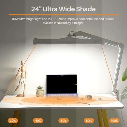 24-Inch LED Architect Desk Lamp with Clamp, 30W 2300LM, White | 180 SMD LEDs with reinforced dual metal arms deliver eye-caring lighting and 5 brightness levels for drafting and reading - color: White, size: Non-CCT