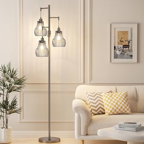 Ziisee Dimmable Floor Lamps for Living Room, Industrial Tree Standing Tall Lamps with 3 Elegant Cage Shade for Bedroom Office - Grey - color: E-Grey