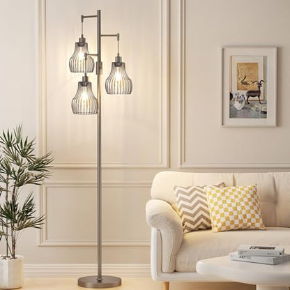 Ziisee Dimmable Floor Lamps for Living Room, Industrial Tree Standing Tall Lamps with 3 Elegant Cage Shade for Bedroom Office - Grey - color: E-Grey