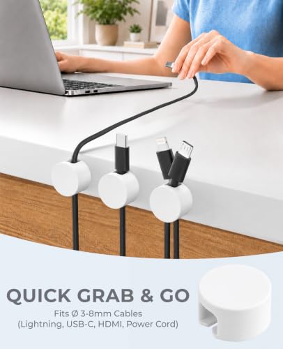 Magnetic Cable Clips White, Cord Organizer Magnet Silicone Cord Management Charging Cable Holder for Metal Desk, File Cabinet, Home and Office, with Extra Adhesive Plates (5 Piece, Large Size) | Fits Larger Cables Up To 0.3" Thick: PC, Computer, Ethernet