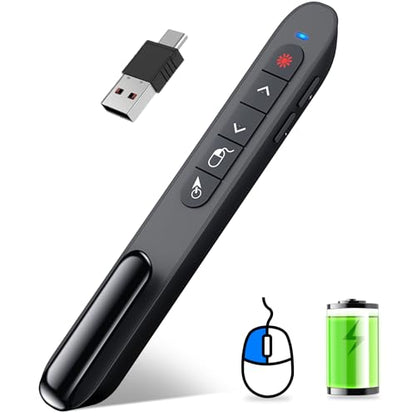 DINOSTRIKE Wireless Presenter Remote with Air Mouse Control, Rechargeable USB A&C Presentation Clicker PPT Pointer RF 2.4GhZ PowerPoint Clicker Slide Advancer for Computer Laptop Mac - color: Black