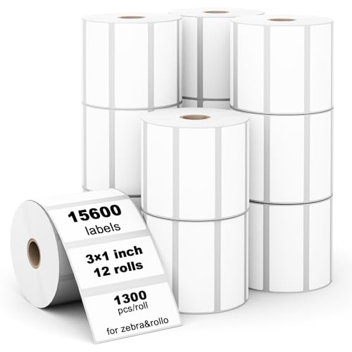 (15600 Labels/12 Rolls) Labelebal 3-Proof 1" Core 12 Rolls 3" x 1" Inch Direct Thermal Labels & Stickers,Address Shipping Labels Compatible with Rollo & Zebra Desktop Printers Adhesive - color: Zb-3''x1''-12 Rolls-15600 Labels