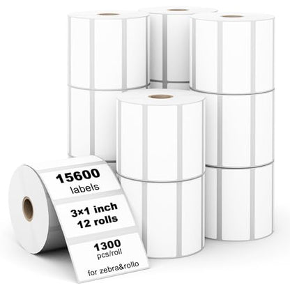 (15600 Labels/12 Rolls) Labelebal 3-Proof 1" Core 12 Rolls 3" x 1" Inch Direct Thermal Labels & Stickers,Address Shipping Labels Compatible with Rollo & Zebra Desktop Printers Adhesive - color: Zb-3''x1''-12 Rolls-15600 Labels